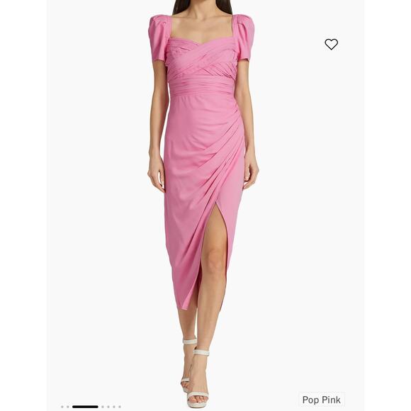 Self-Portrait Pink  Iris Puff-Sleeve Stretch Crepe Gathered Midi-Dress US 4 - Picture 14 of 14